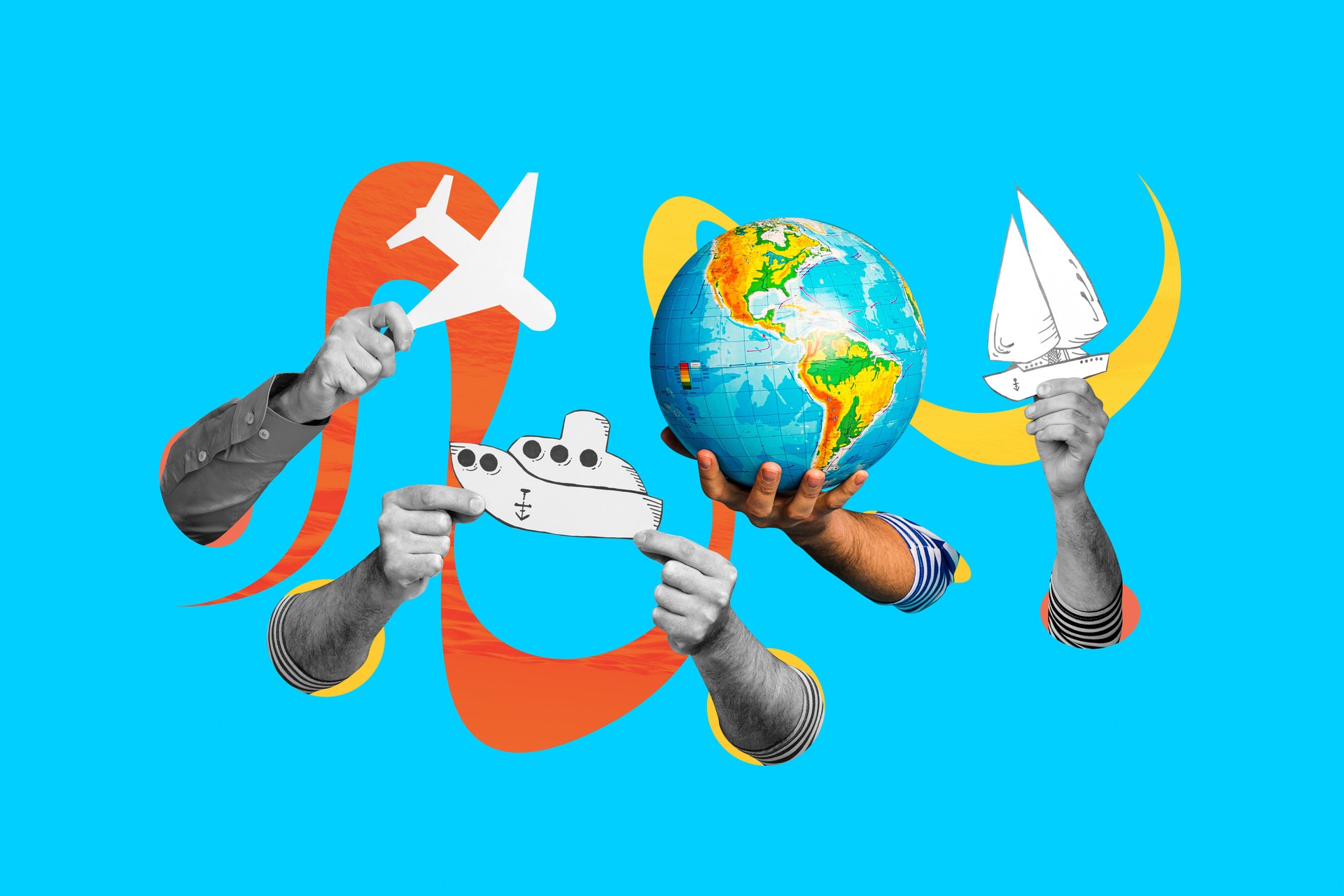 Creative photo collage image human hands holding earth glove planet yacht ship cruise airplane flight departure booking